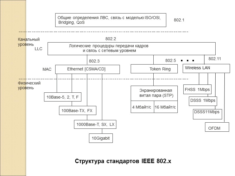 Структура стандартов IEEE 802.x  Логические процедуры передачи кадров и связь с сетевым уровнем